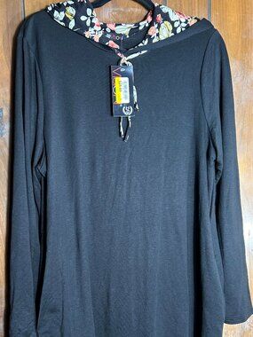 NWT Vision USA Womens Black Tunic L/S Shirt w/ Floral Hood & Pockets Sz 2X